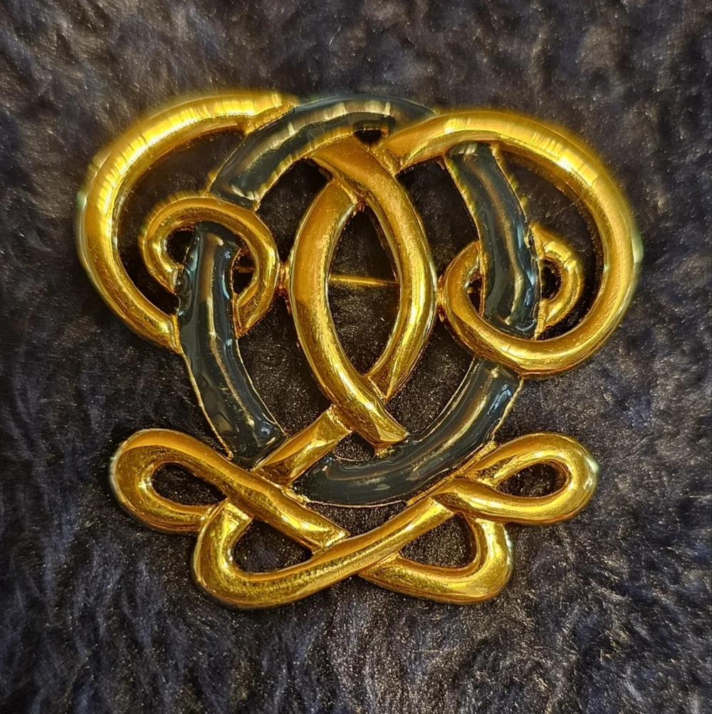 Vintage Marked AK Anne Klein Navy And Gold Swirl Brooch Pin